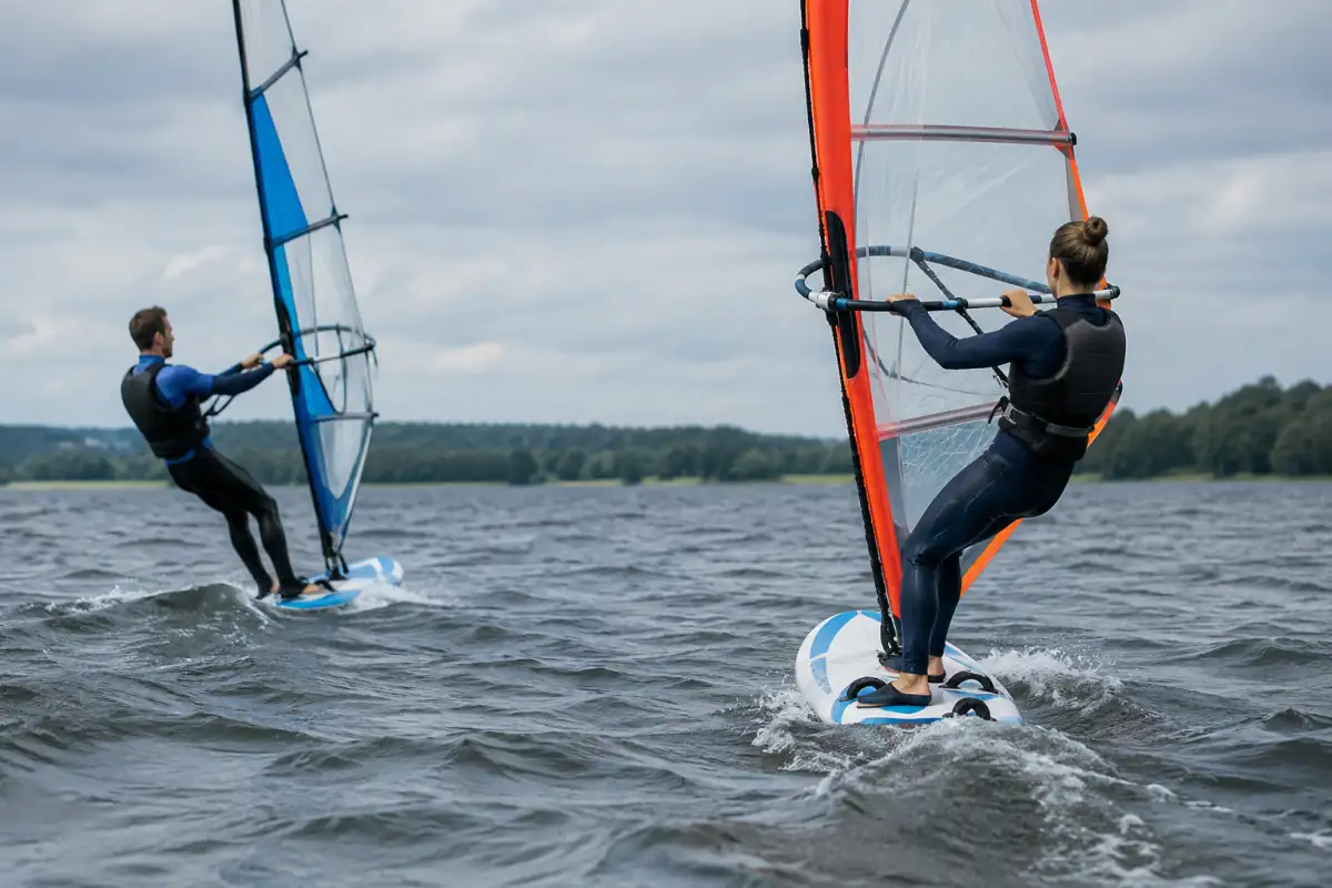 Deux véliplanchistes se croisent à distance sur un lac, l’un tribord amures et l’autre bâbord amures, sans risque de collision.