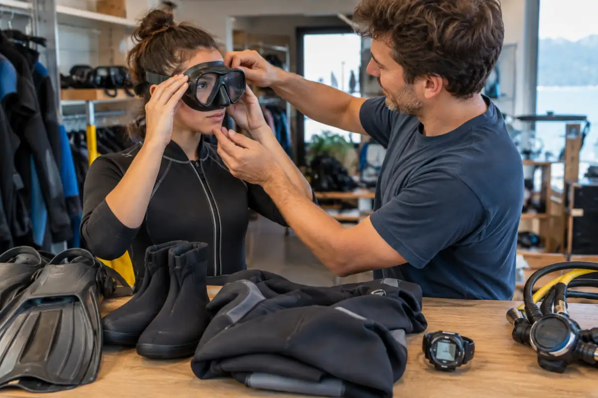 Débutant essayant un masque de plongée en magasin, avec palmes, bottillons et matériel de plongée disposés à proximité.