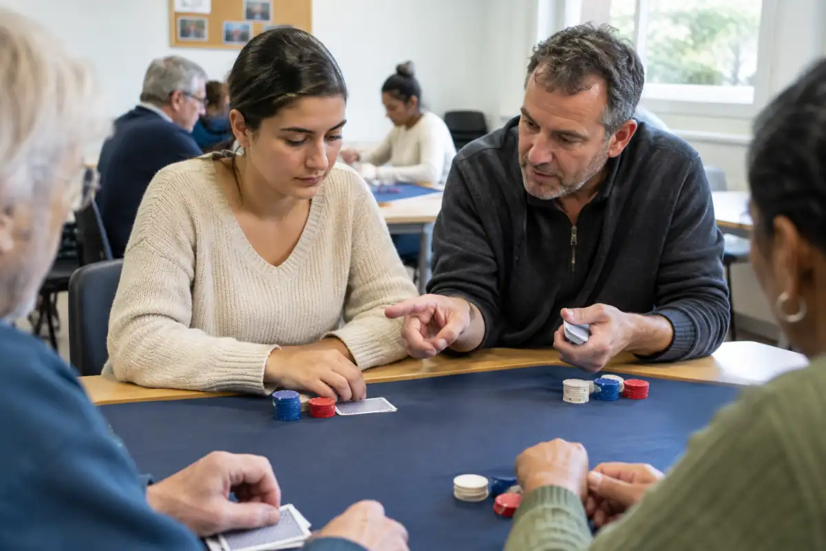 Un bénévole explique une partie d’initiation au poker avec des cartes et des jetons fictifs, sans argent sur la table.