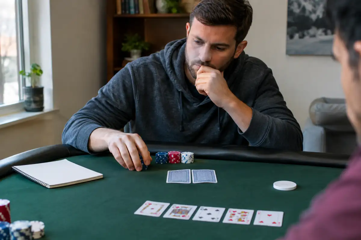 Un joueur débutant étudie ses cartes, sa position et son tapis de jetons lors d’un exercice de poker en tournoi.