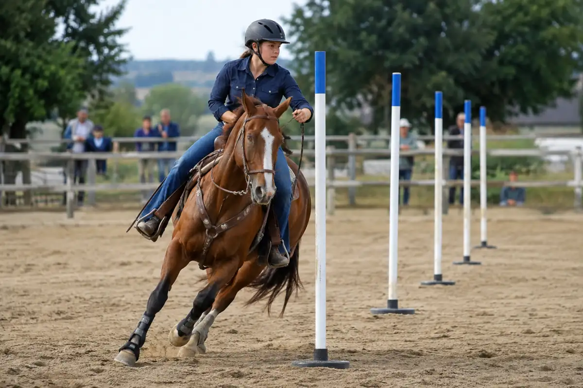 Cavalier en selle western réalisant un slalom entre des piquets lors d’une épreuve de pole bending sur une carrière.