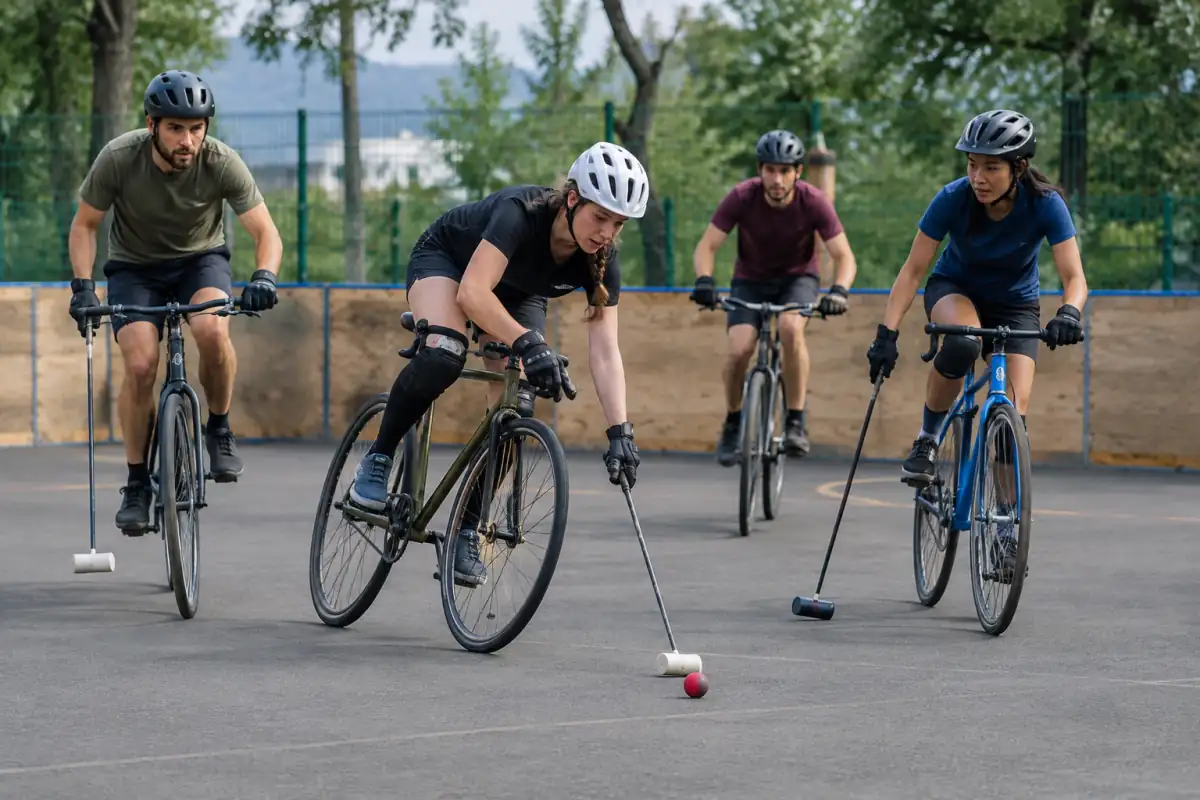 Match de polo-vélo sur terrain clos : une joueuse en casque conduit la balle au maillet devant ses adversaires.