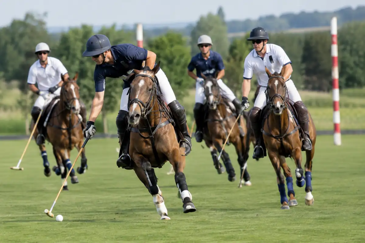 Un cavalier frappe la balle au maillet pendant un match de polo sur un terrain en herbe, sous le regard des autres joueurs.