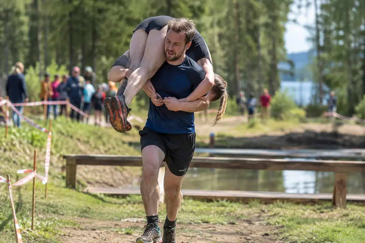 Duo en course de porter d’épouse sur un parcours finlandais, avec un portage estonien et des obstacles en extérieur.