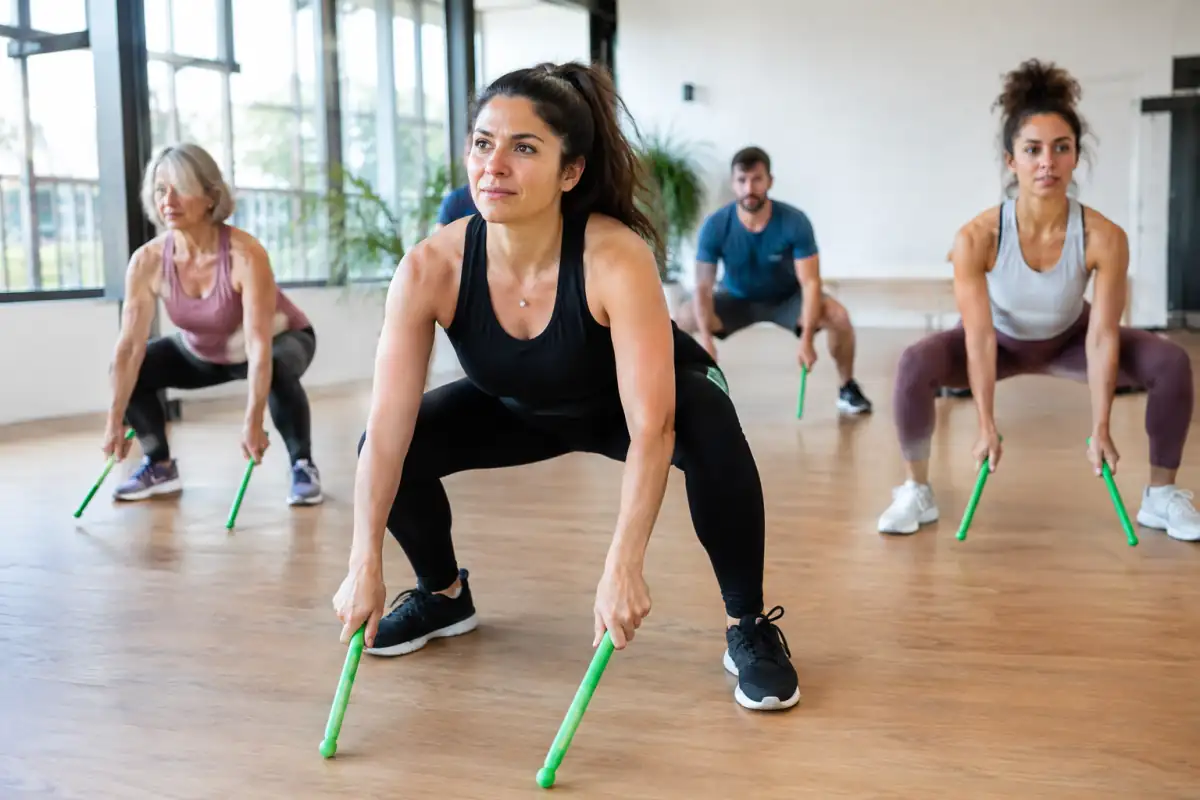 Cours de Pound fitness en studio : une participante réalise une frappe au sol avec ses baguettes légères pendant un squat.