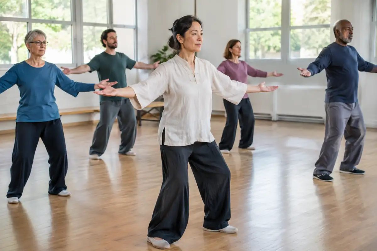 Un groupe suit un cours de qi gong en salle, en répétant lentement un mouvement d’ouverture des bras sous la conduite d’un enseignant.