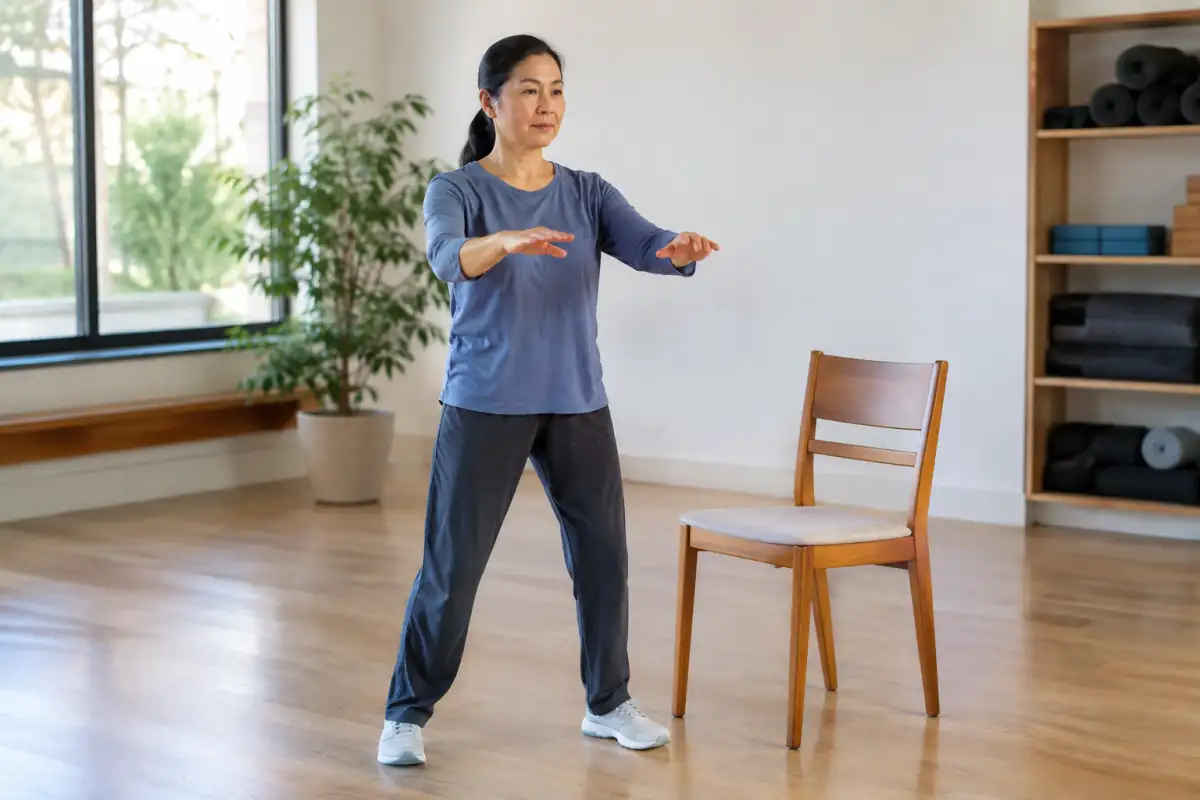 Pratique douce du qi gong : transfert de poids près d’une chaise stable, genoux souples et bras en mouvement contrôlé.
