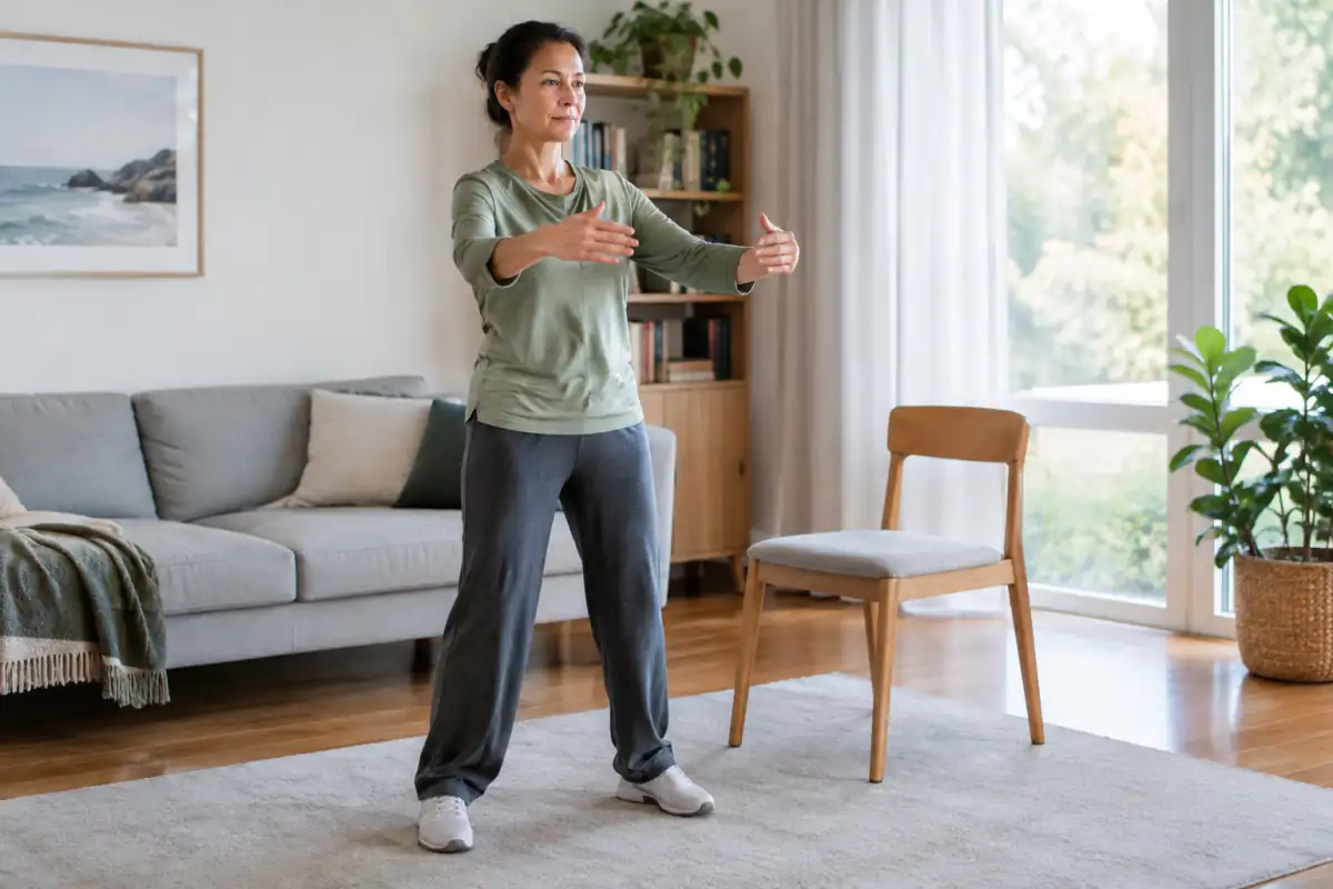 Débutante pratiquant chez elle une ouverture lente des bras en qi gong, pieds stables et genoux souples.