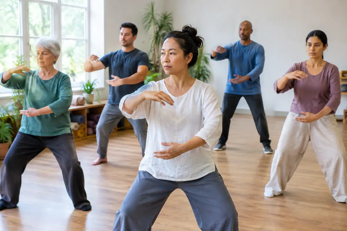 Un enseignant montre un mouvement lent de qi gong à un petit groupe dans une salle lumineuse.