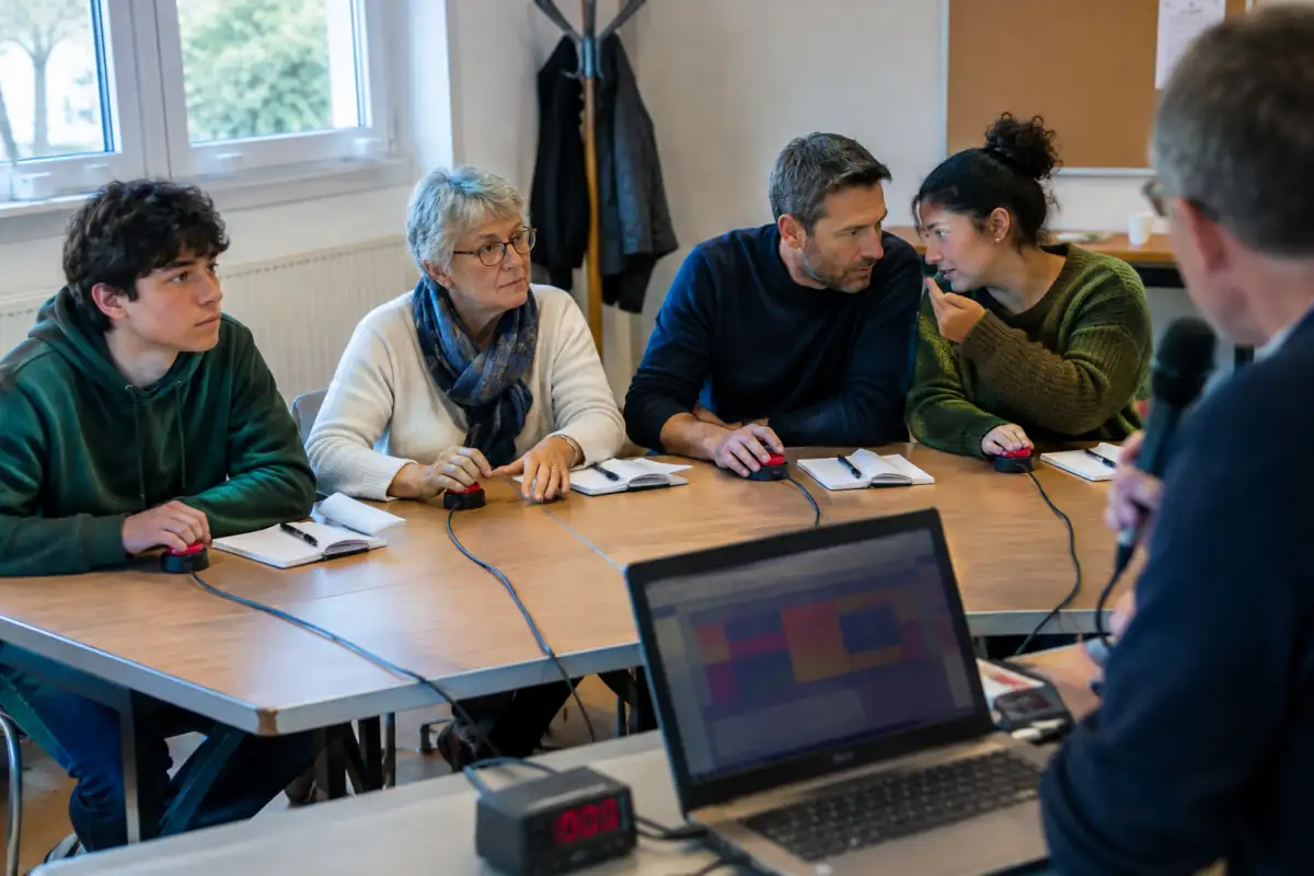 Équipe mixte répondant au buzzer pendant une compétition de quiz de culture générale dans une salle associative.