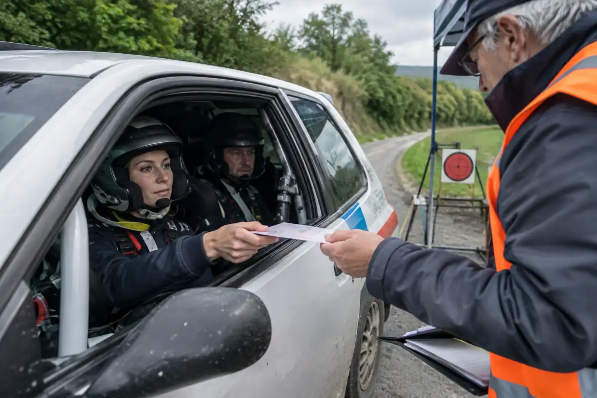 Un copilote présente son carnet de contrôle à un commissaire au pointage, près d’une voiture de rallye arrêtée.