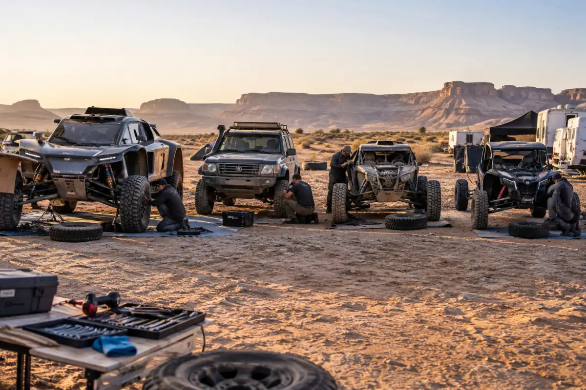Quatre voitures de rallye-raid Ultimate, Stock, Challenger et SSV côte à côte au bivouac pendant un contrôle des roues et des suspensions.