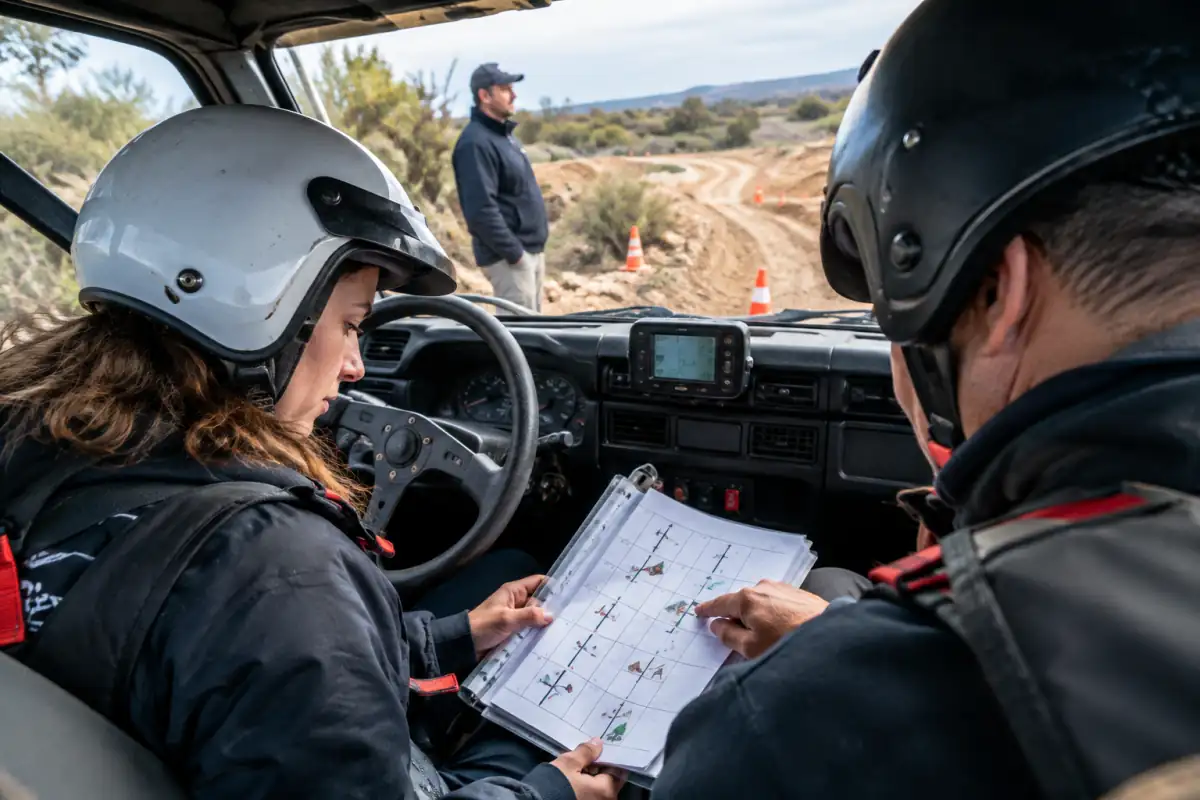 Un équipage débutant étudie un roadbook dans un 4x4 arrêté sur un terrain d’apprentissage tout-terrain balisé.
