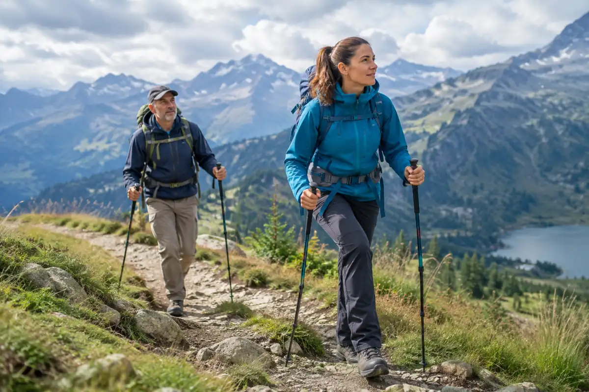 Deux randonneurs équipés marchent sur un sentier de montagne balisé dans les Alpes françaises.
