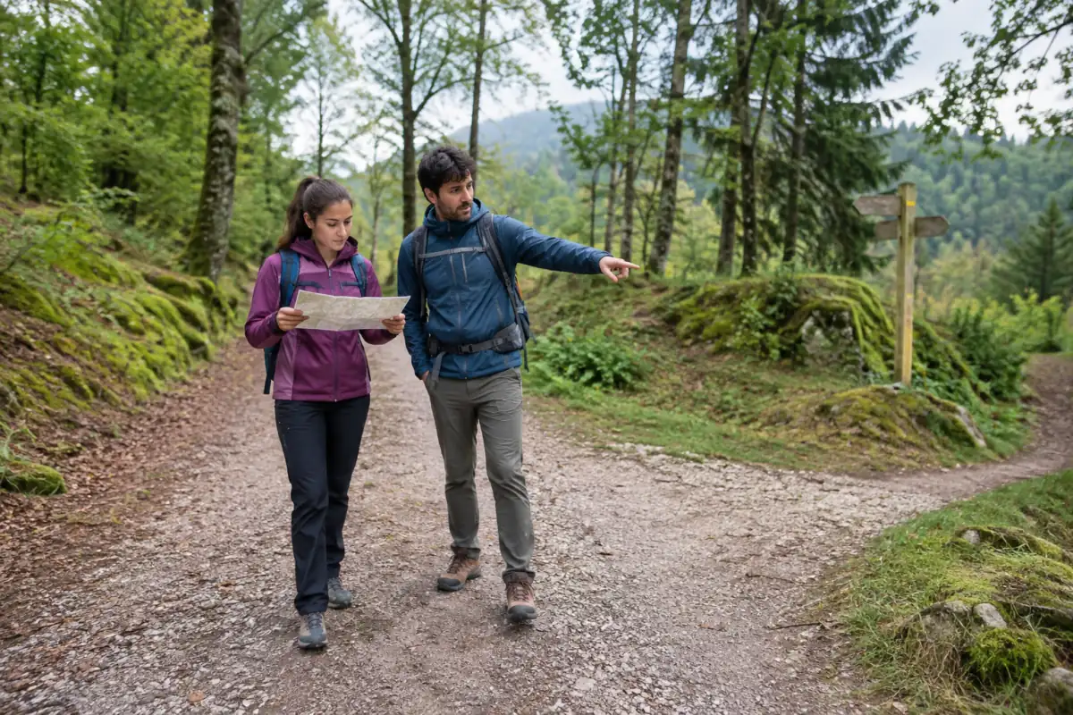 Deux débutants font une pause pour vérifier leur itinéraire sur un large sentier forestier légèrement vallonné.