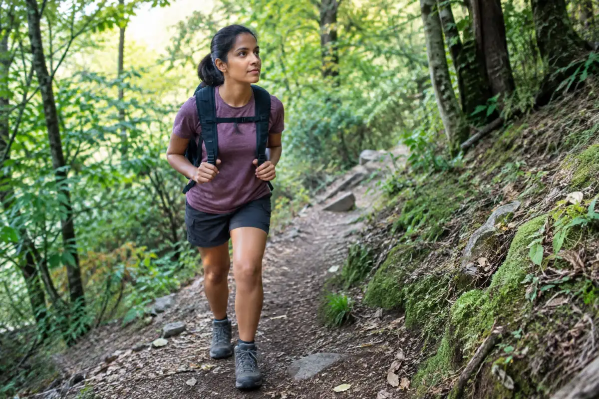 Une débutante s’entraîne à monter un sentier forestier à allure régulière, avec un sac léger et des pas courts.