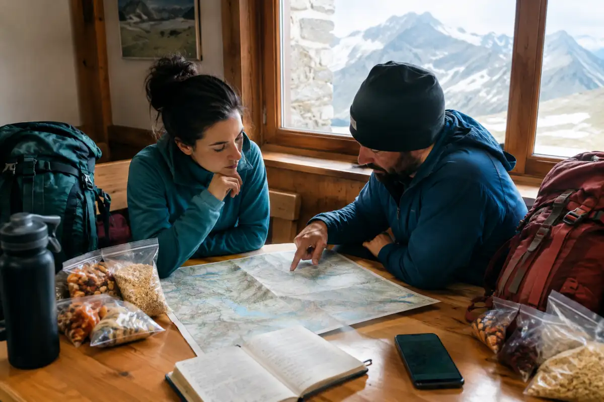 Deux randonneurs organisent leurs étapes, leurs provisions et leurs sacs autour d’une carte dans un refuge de montagne.