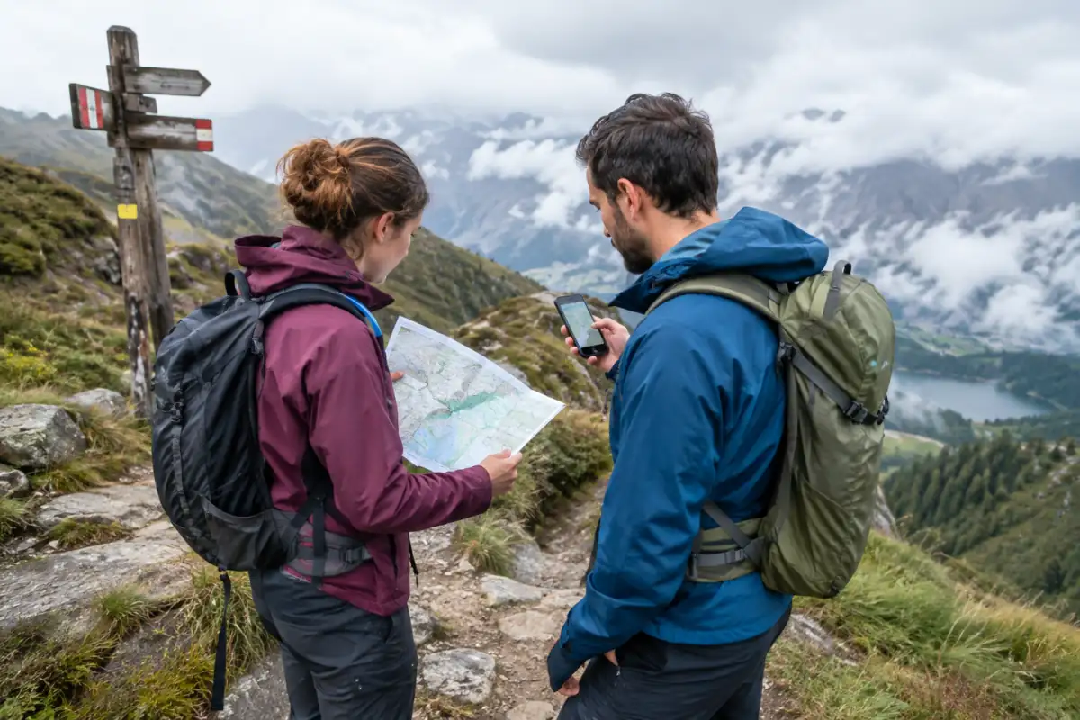 Deux randonneurs comparent une carte et un GPS à un carrefour balisé avant de poursuivre sur un sentier de montagne.