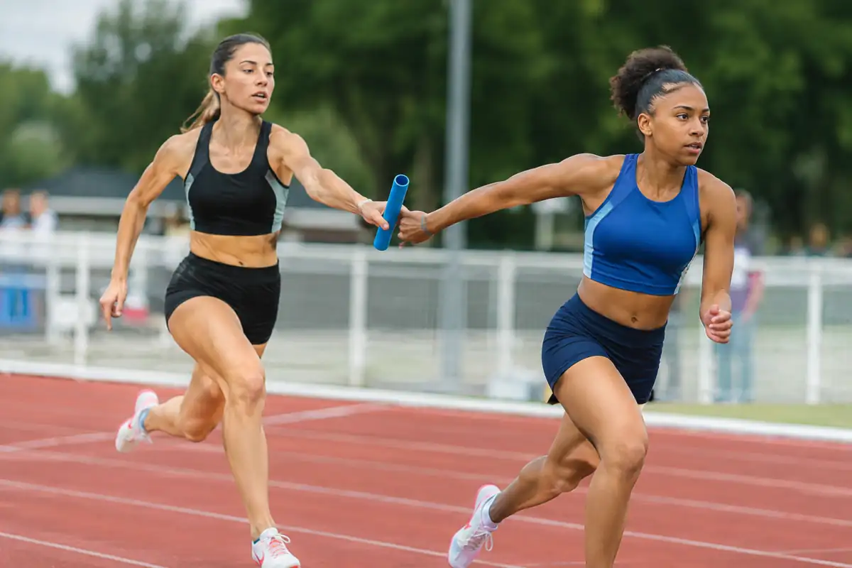 Passage du témoin en relais athlétiques : deux sprinteurs accélèrent dans la zone d’échange sur une piste.