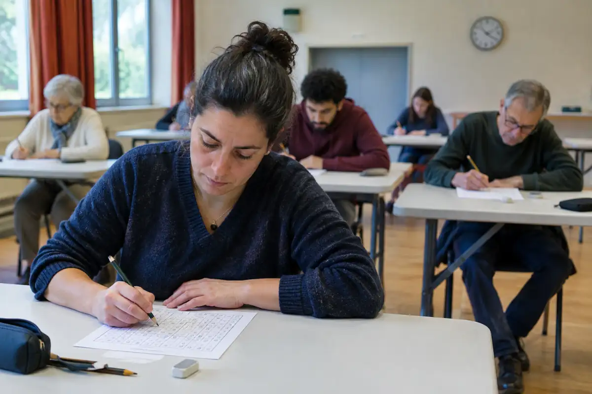 Des participants résolvent au crayon des grilles de sudoku lors d’une épreuve chronométrée en salle.
