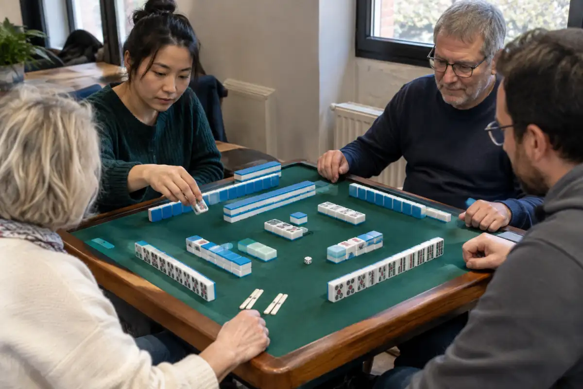 Quatre joueurs disputent une partie de riichi mah-jong autour d’une table, avec les tuiles et les défausses visibles.