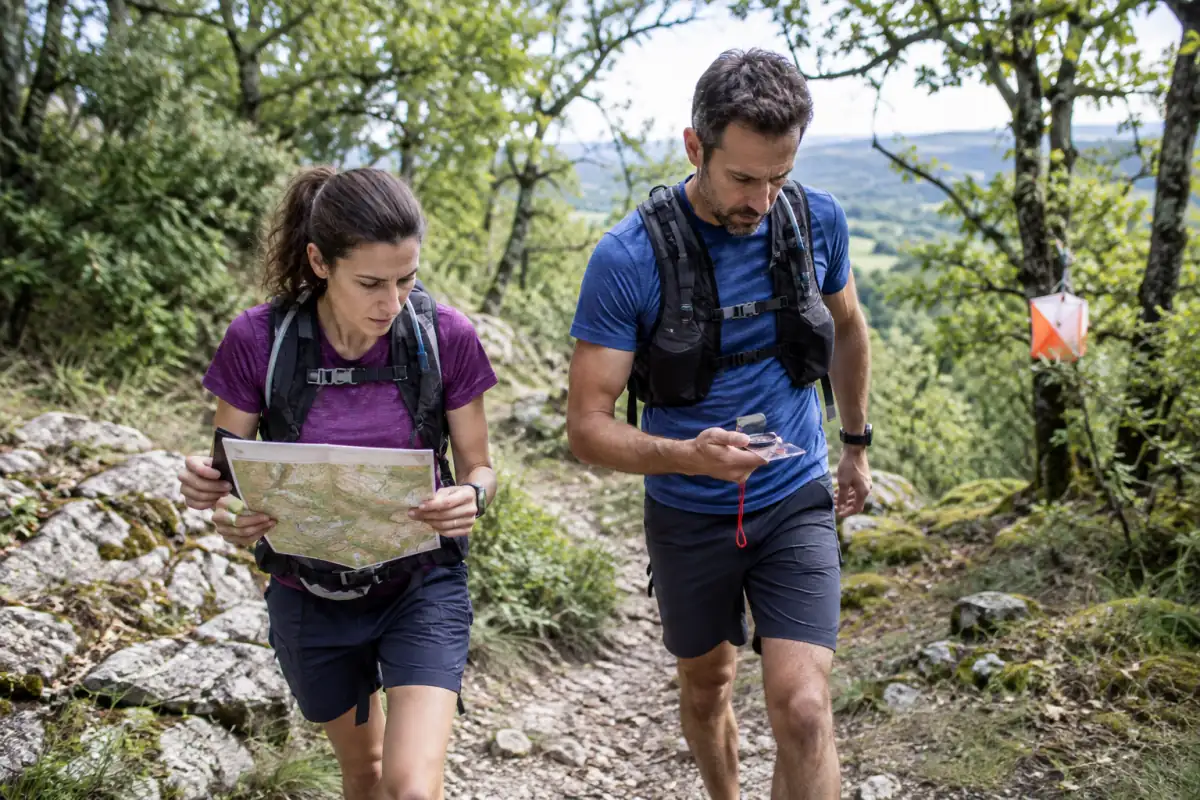 Deux équipiers pratiquent le rogaining en forêt, en consultant une carte d’orientation et une boussole sur un sentier.