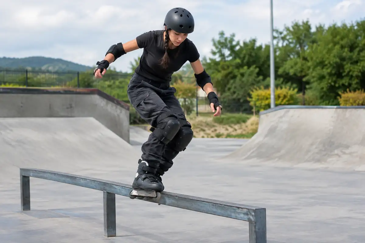 Patineur en rollers agressifs, casque et protections, glissant sur un rail bas dans un skatepark extérieur.