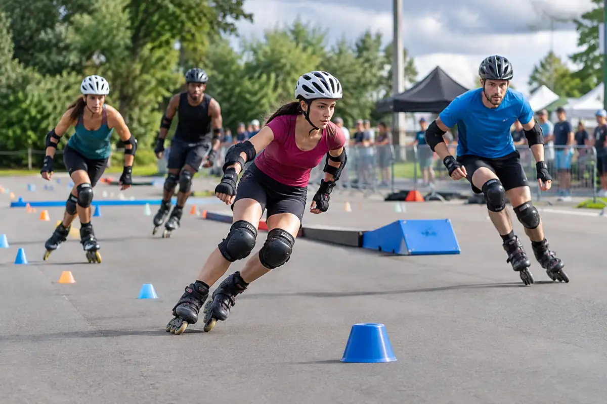 Des patineurs équipés de protections franchissent ensemble des obstacles bas sur un parcours de roller cross.