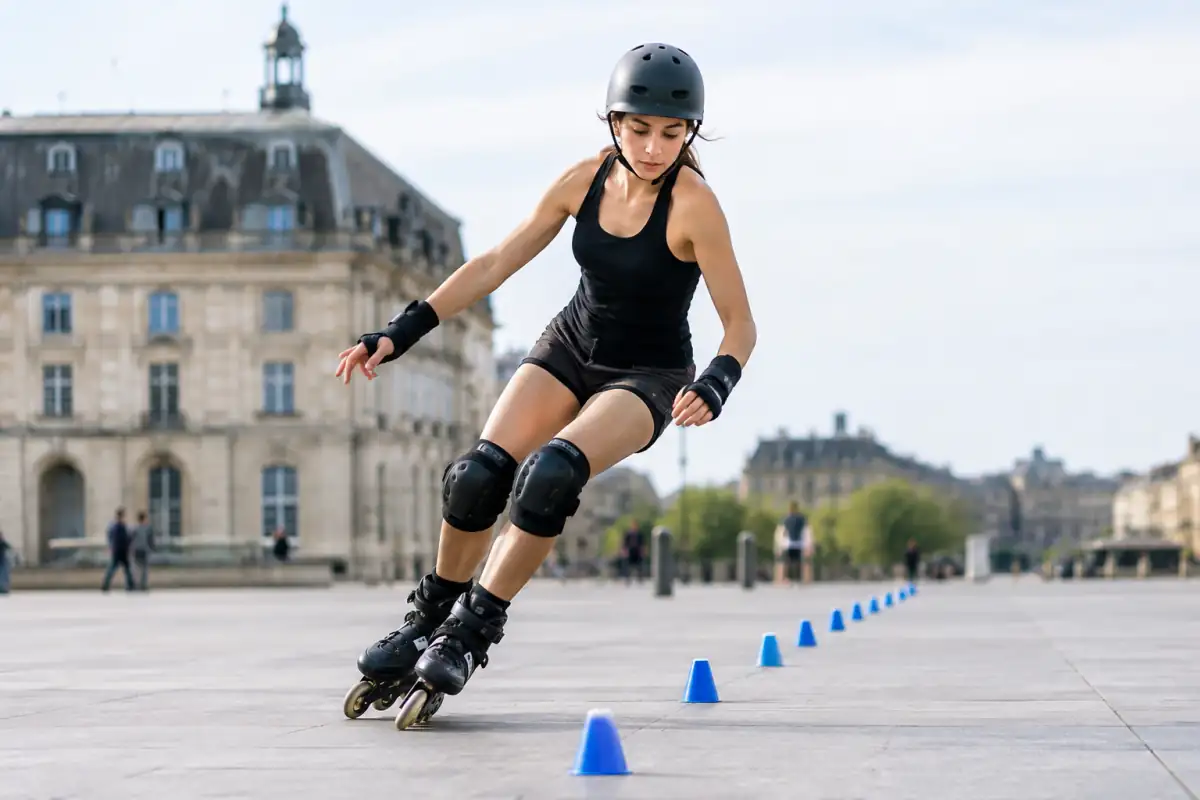Une patineuse en roller freestyle négocie un slalom entre des plots, genoux fléchis et protections en place.