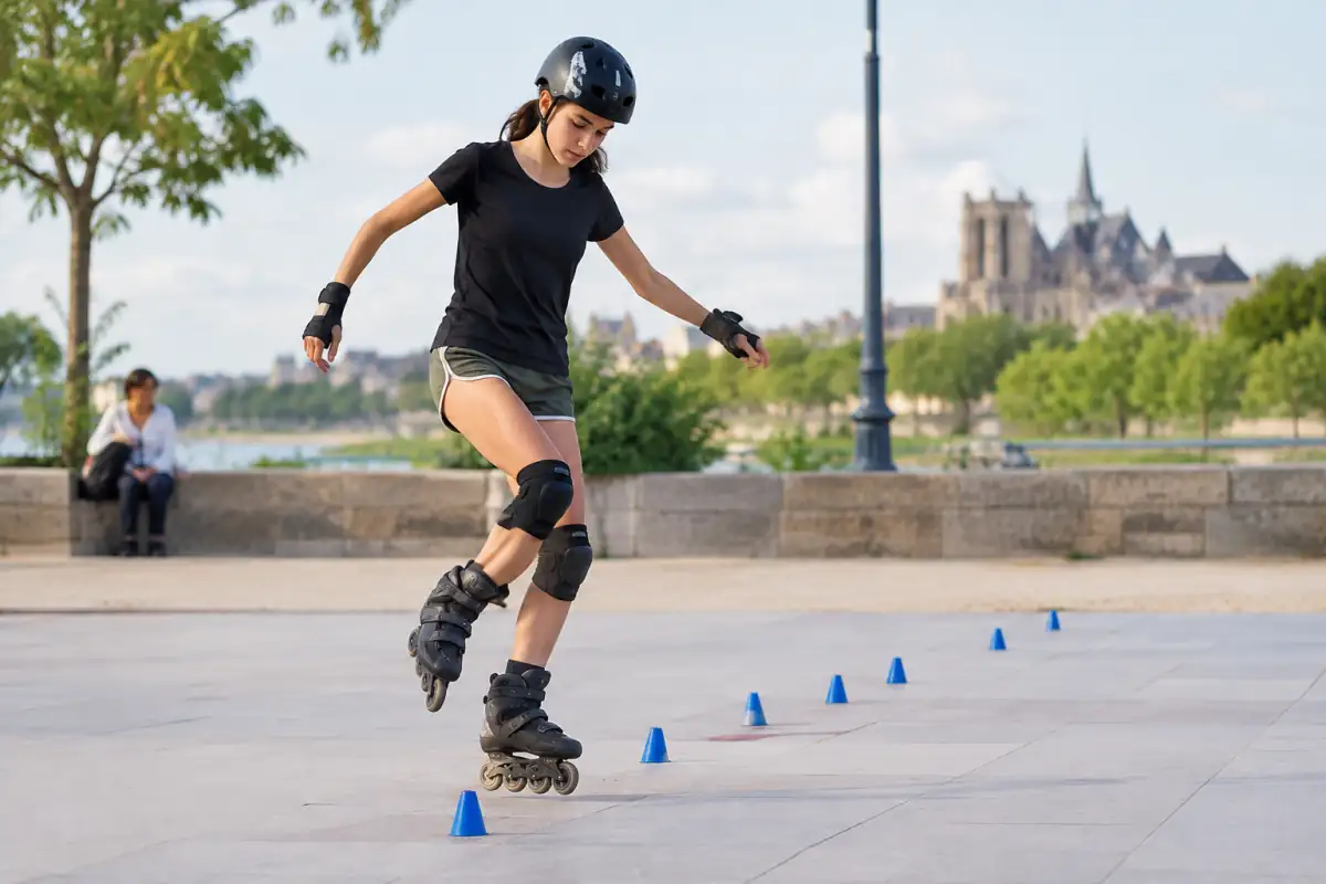 Une patineuse en rollers de slalom enchaîne une figure entre des plots sur une surface pavée plane.