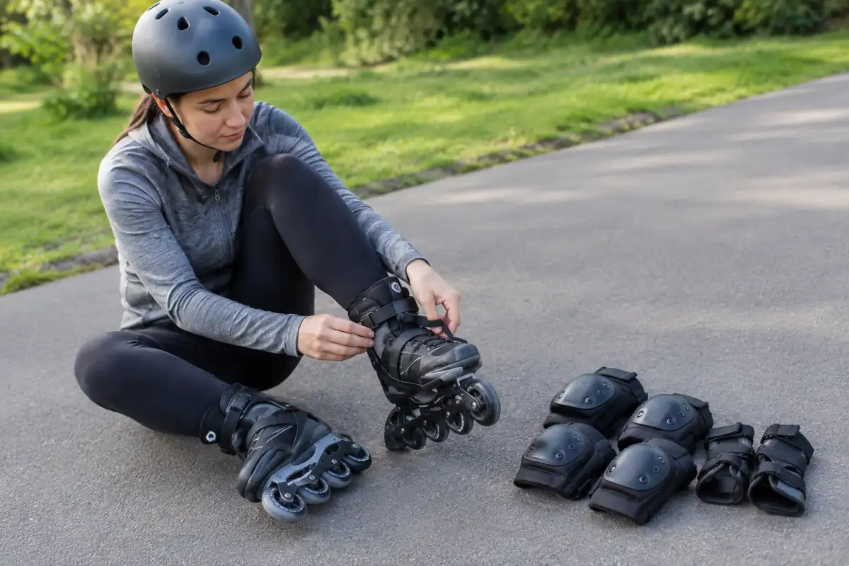Patins en ligne de loisir avec frein arrière et protections de roller vérifiés avant une sortie sur une piste lisse.