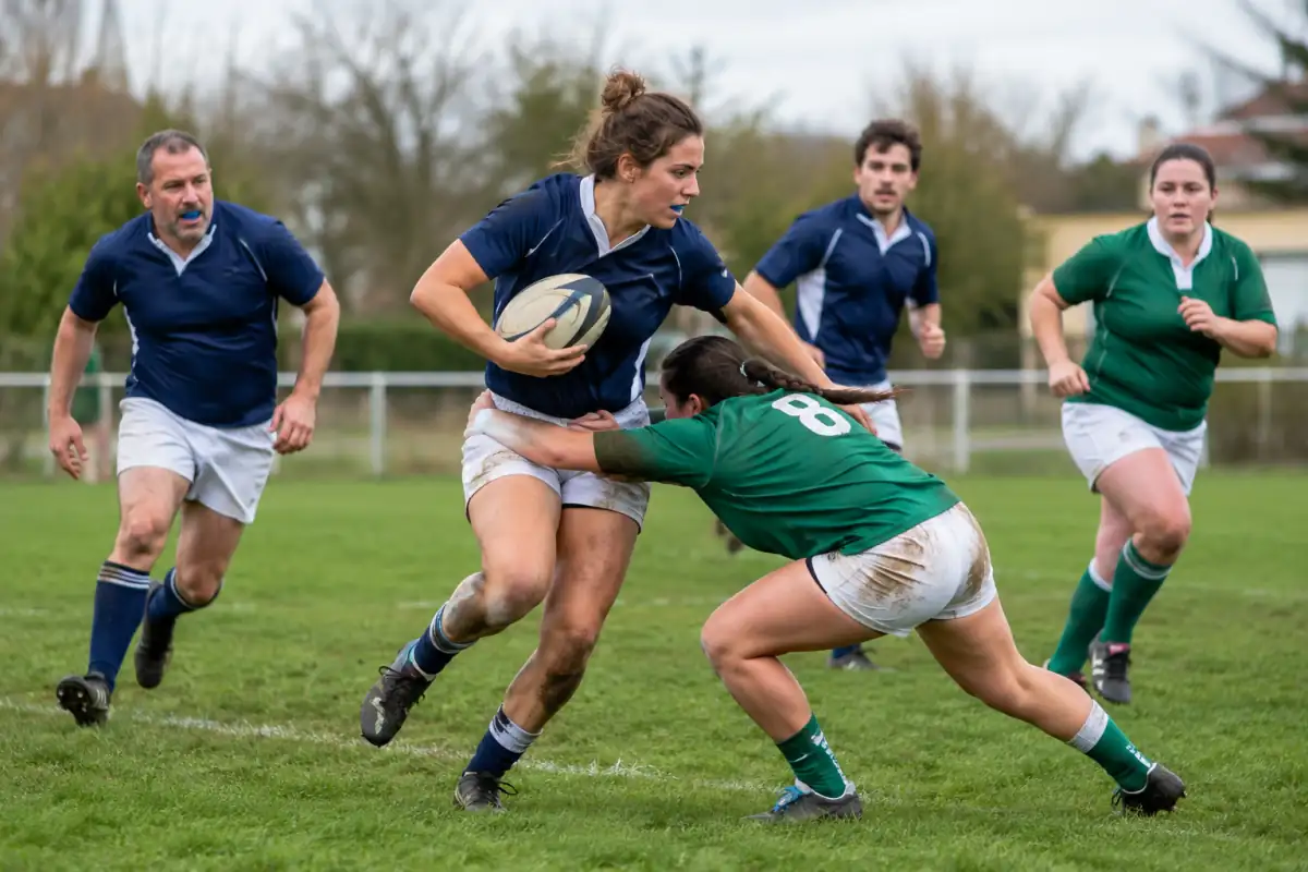 Un joueur porte le ballon pendant un match de rugby à 10 sur un terrain en herbe, tandis qu’un adversaire tente de le plaquer.