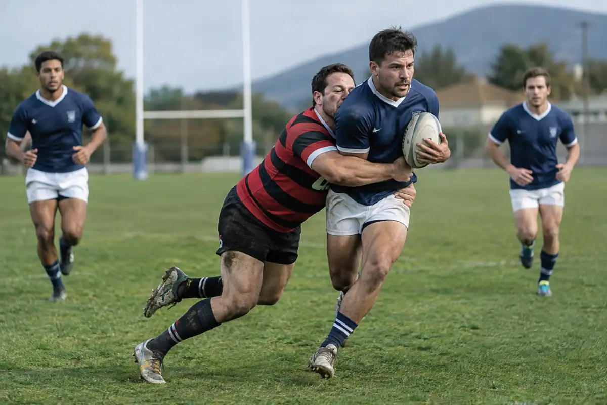 Un joueur porte le ballon ovale tandis qu’un adversaire le plaque lors d’un match de rugby à XIII sur un terrain en herbe.