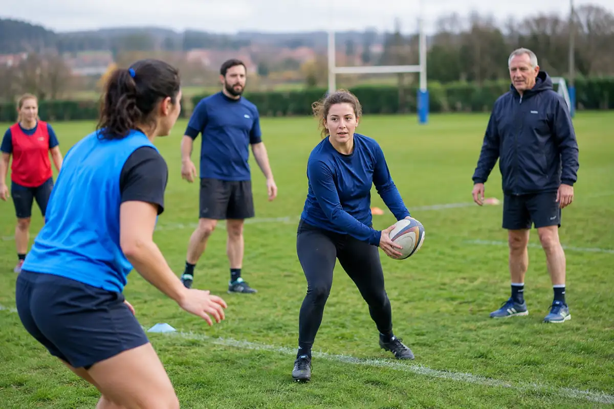 Adultes débutants travaillant la passe sans contact sur un terrain de rugby, sous le regard de leur entraîneur.