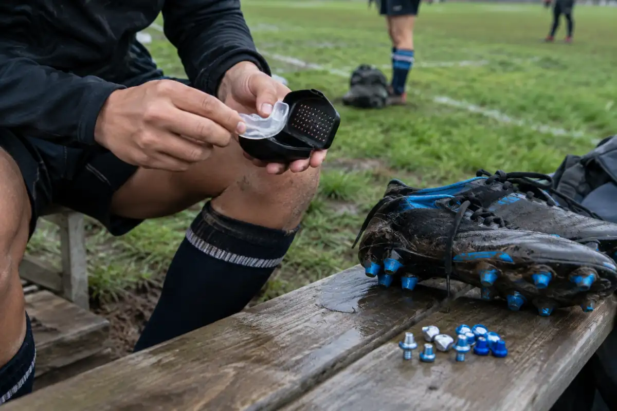 Chaussures de rugby à crampons interchangeables et protège-dents rangé dans son étui avant un entraînement sur pelouse.