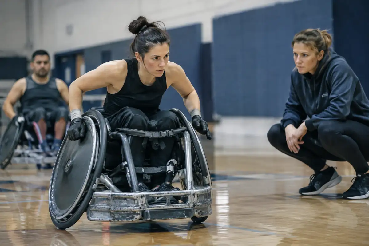 Joueur testant un fauteuil de rugby équipé d’un pare-chocs avant, de protections latérales et de roues inclinées en gymnase.