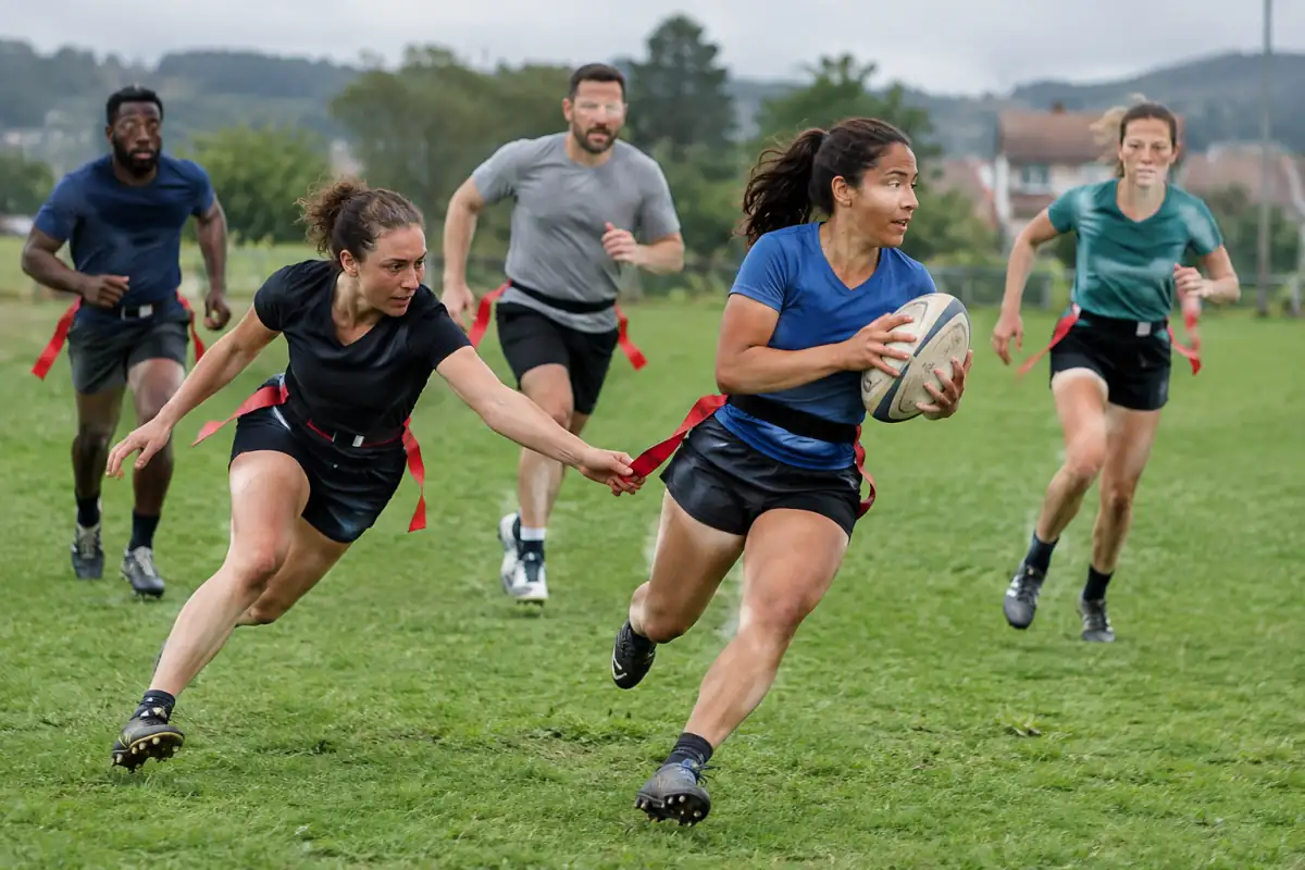Des joueurs de rugby tag courent sur un terrain tandis qu’un défenseur tente de retirer le ruban à la ceinture du porteur.