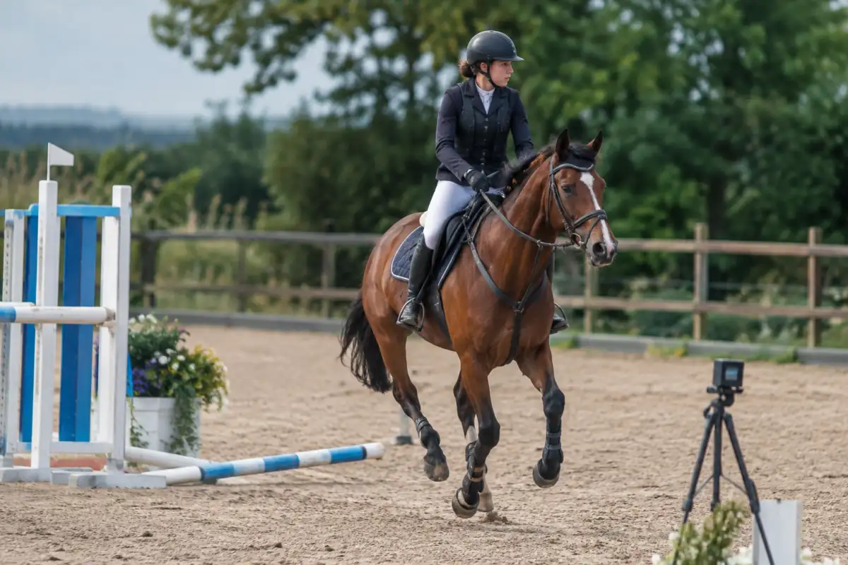 Un cavalier franchit un obstacle de CSO tandis qu’une barre au sol illustre le décompte des pénalités.