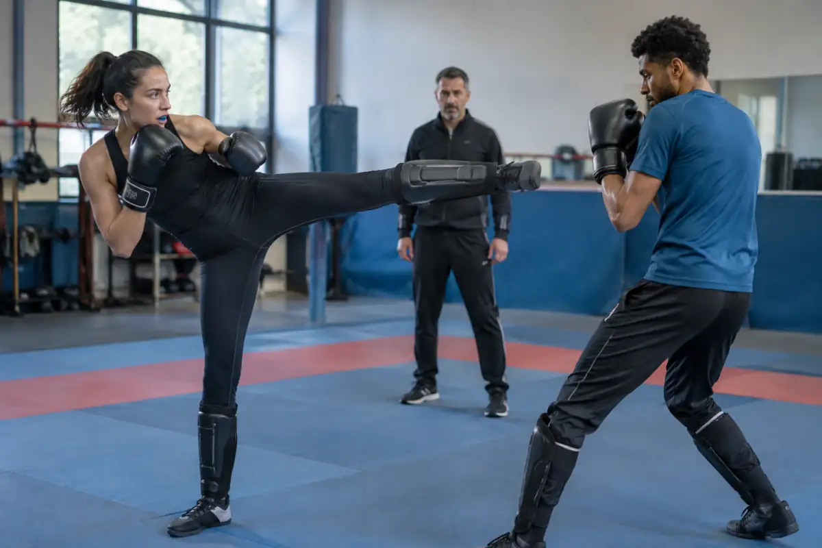Deux pratiquants travaillent un fouetté contrôlé en savate boxe française dans une salle équipée.
