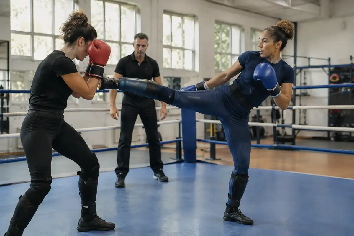 Deux pratiquants de savate en protections travaillent un fouetté contrôlé vers le tronc sous la supervision d’un arbitre.