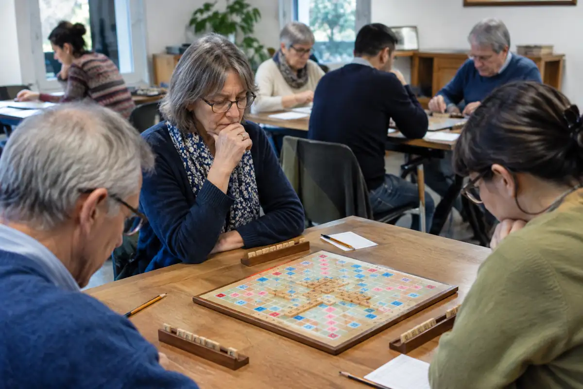 Joueurs réunis en club autour de plateaux et de tirages communs pendant une séance de Scrabble duplicate.