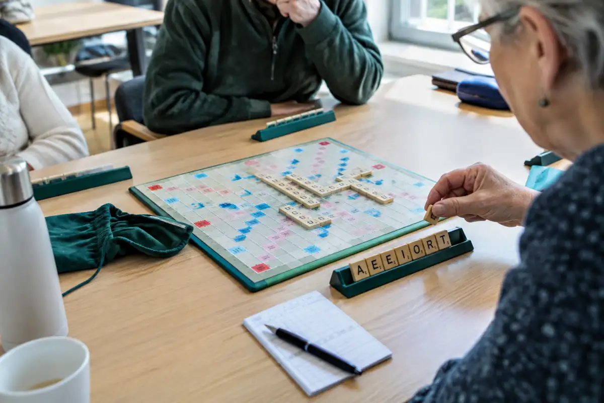Joueur de Scrabble duplicate comparant un tirage de sept lettres aux cases bonus et aux mots déjà posés sur le plateau.