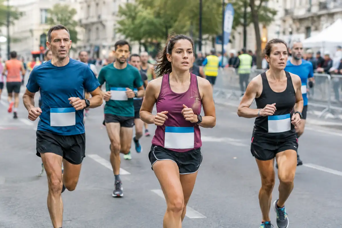Des coureurs aux profils variés avancent ensemble sur une route urbaine balisée lors d’un semi-marathon.