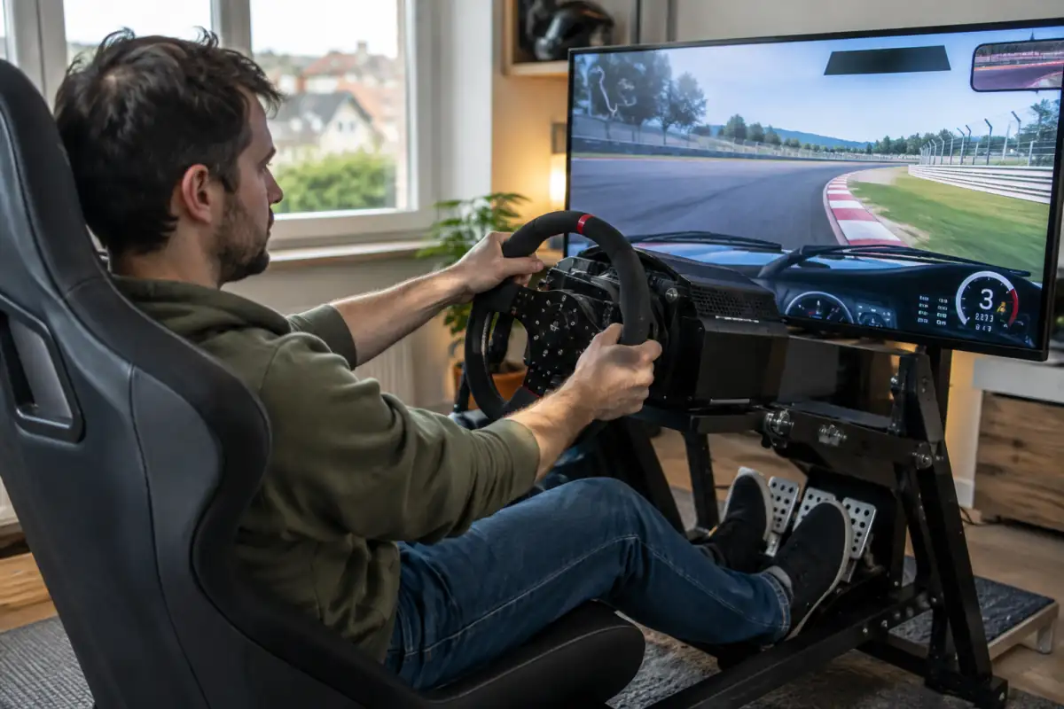 Pilote amateur de sim-racing au volant d’un simulateur avec pédalier et écran affichant un circuit automobile virtuel.