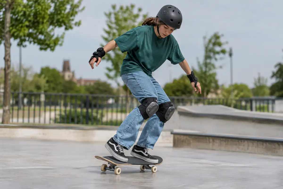 Skateur en casque réalisant une figure de freestyle skateboard sur une planche au sol, dans un espace urbain aménagé.