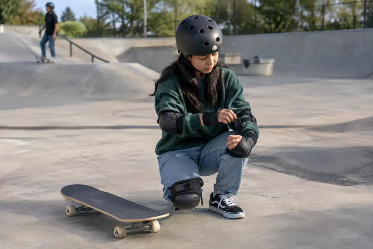 Débutant vérifiant l’ajustement de son casque et de ses protections près d’une planche complète au skatepark.