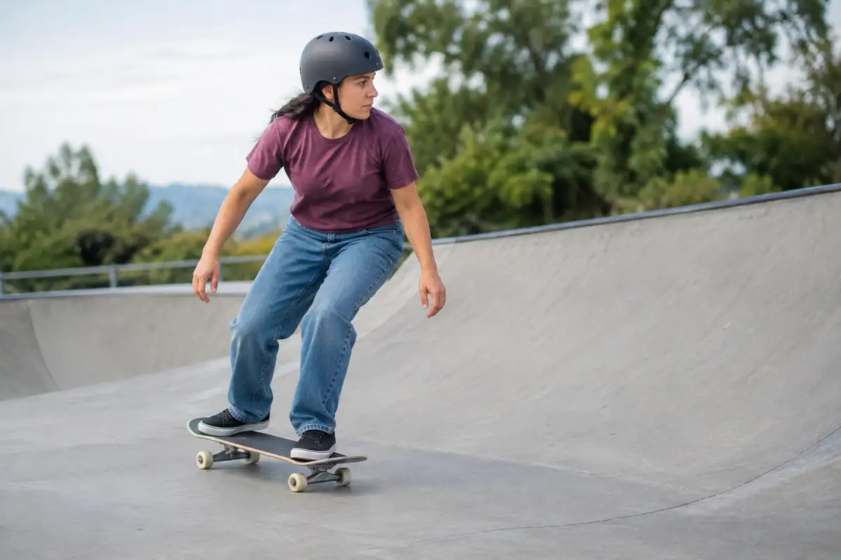 Skateur débutant fléchissant les genoux pour suivre une courbe basse et dégagée dans un skatepark en béton.