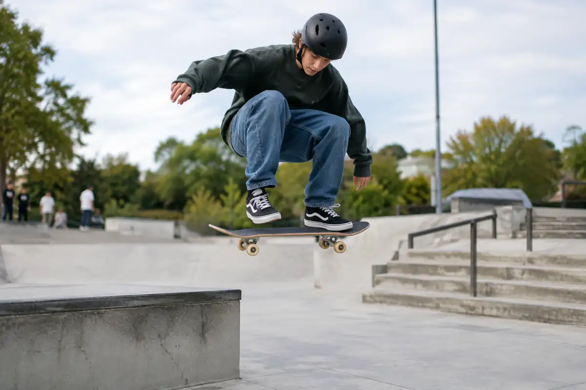 Un skateur réalise un ollie au-dessus d’un petit rebord dans un skatepark, casque et planche de street aux pieds.