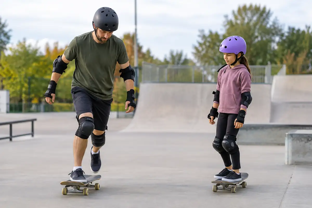 Un adulte montre à un enfant comment pousser doucement sur un skateboard, avec casque et protections, sur une zone plate dégagée.