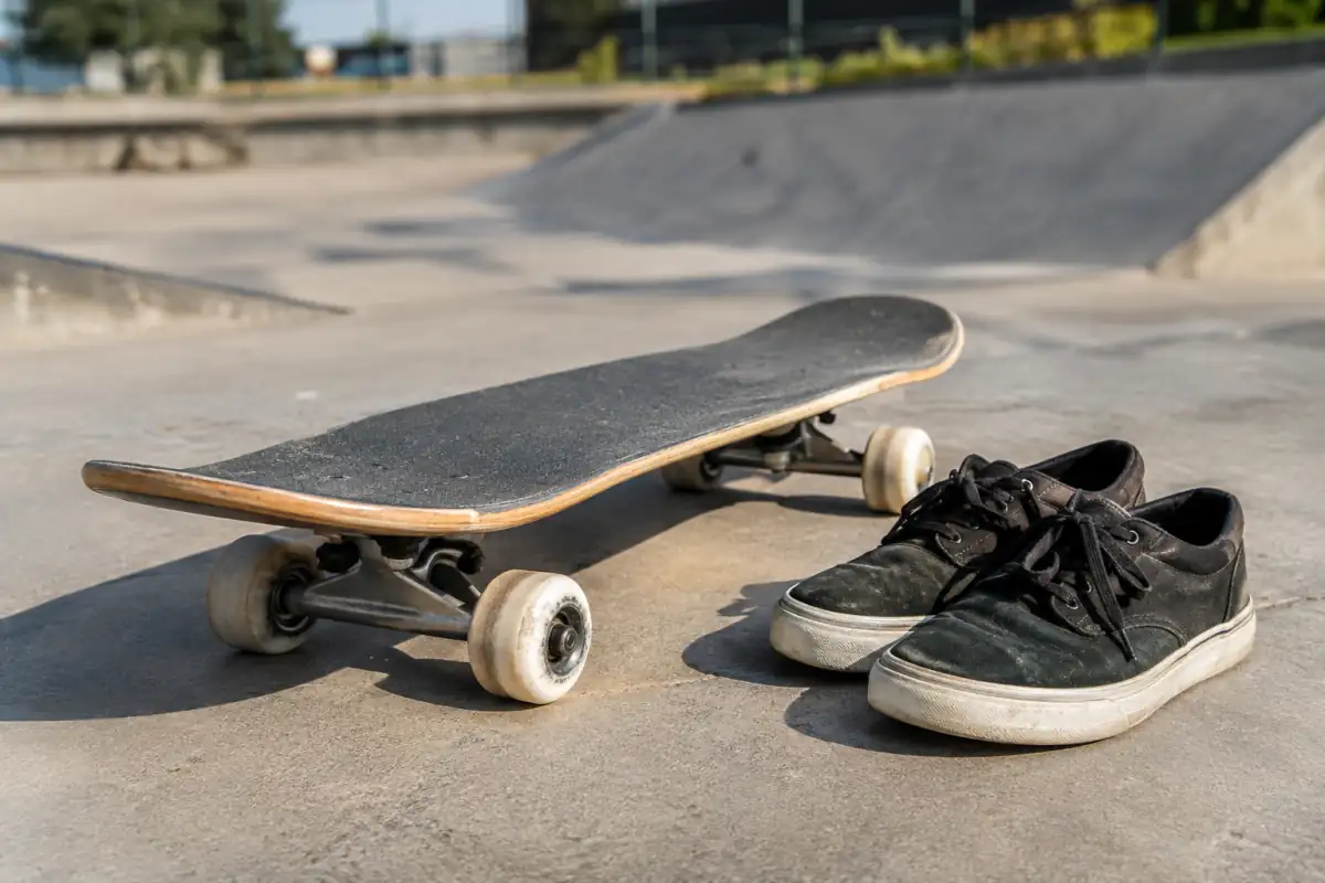 Skateboard de street posé au skatepark, avec plateau, grip, trucks, roues et chaussures à semelle plate visibles.